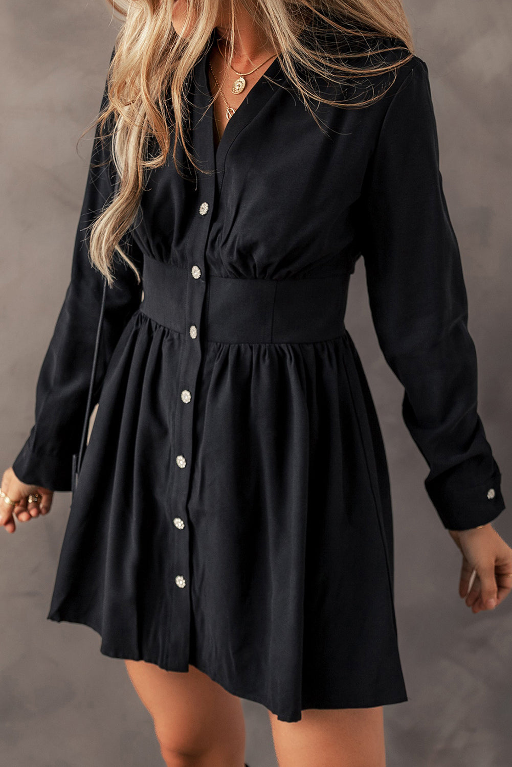 elastic waist shirt dress Black Elastic Cinched High Waist Long Sleeve Shirt Mini Dress