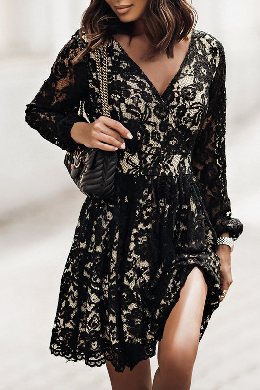 Black V Neck Lace Skater Mini Dress