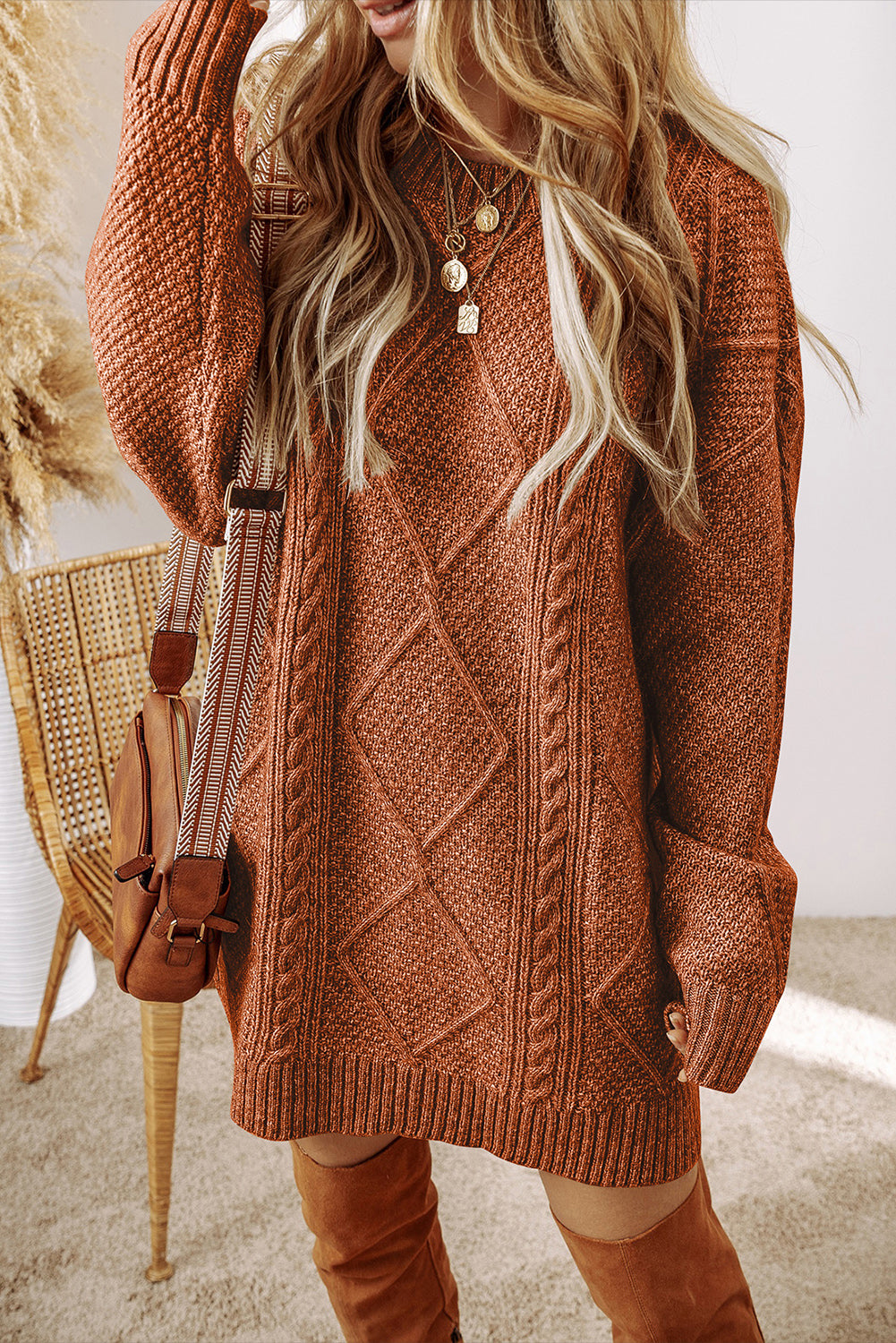 Coffee Cable Knit Drop Shoulder Loose Fit Sweater Dress – C & C Clothez